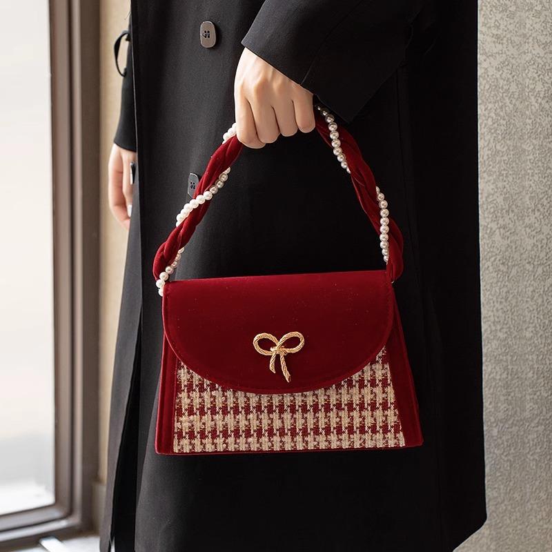 2025 red niche premium sense thousand bird grid velvet bride bag wedding bag gift daily available messenger bag