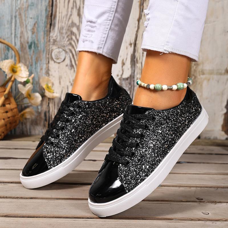 Fashion Luxury Sequin Fabric Lace Up Skateboard Shoes Women 2025 Autumn Fashion Glitter Round Toe Sneakers Non Slip Flat Heel Shoes