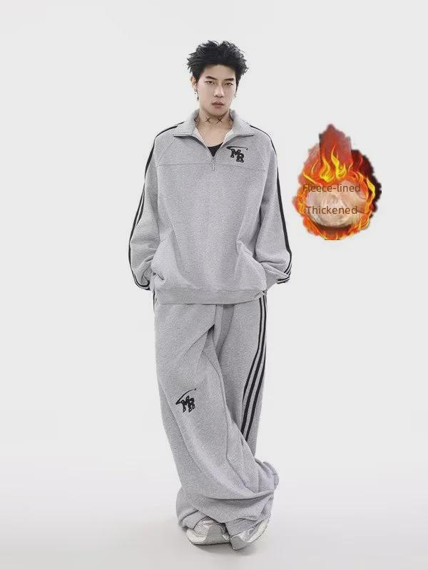 Men's Autumn American Retro Sports Suit: High-Street Stand-Up Collar Sweater and Trousers Two-Piece Set