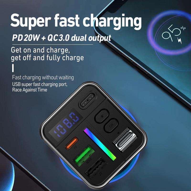 Audio MP3 Player UBS Type-C Car Charger RGB Light Bluetooth FM Transmitter Vehicles PD Fast Charging Power Adapter Handsfree