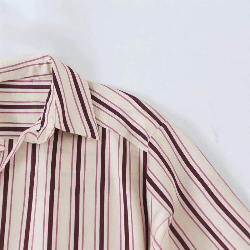 Womens Striped Shirt Turn-down Collar Adjustable Sleeve Length Casual Long Blouse