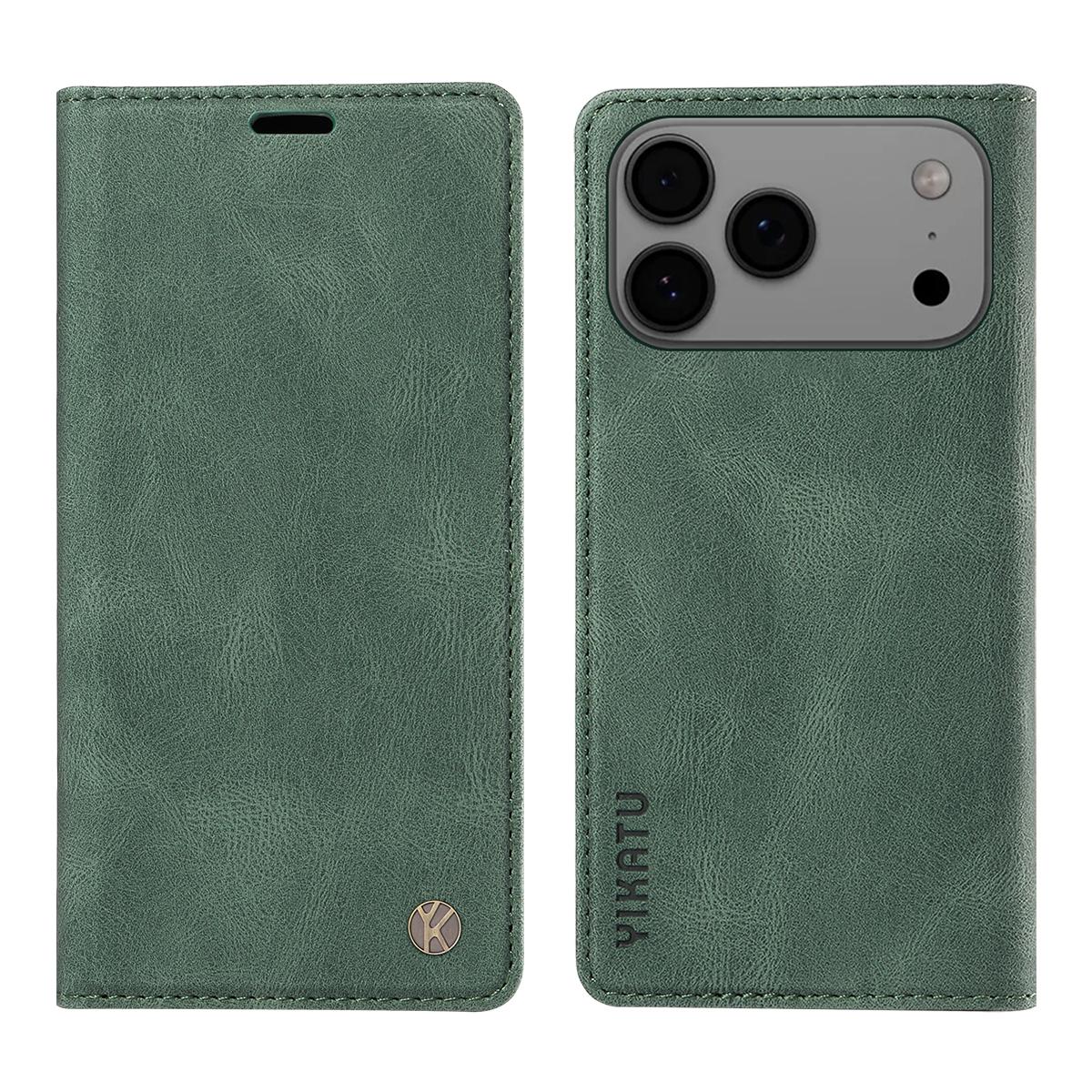 

For iPhone 17 Pro Max Leather Cover YIKATU YK-004 Skin-Touch Wallet Phone Cases Green