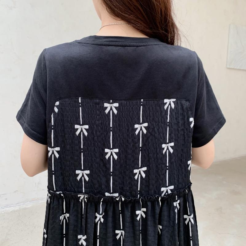 DIMANAF 2025 Summer Plus Size Dress Women Loose Casual Dress Basic Vintage Short Sleeve Bow Printing Long Dress