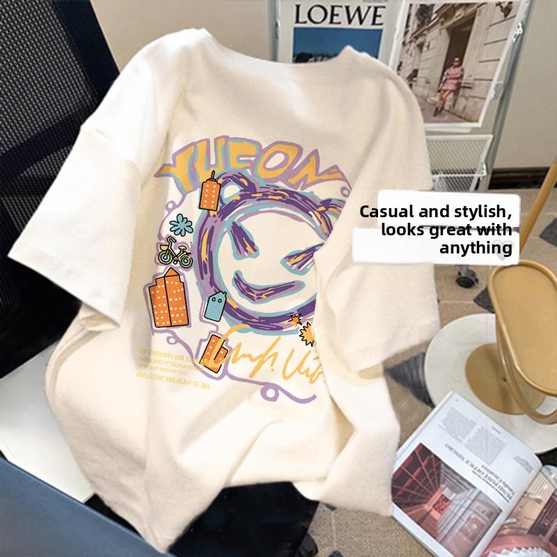 Summer Loose Oversize Women's T-irt Cotton Pure Long ort Sve round Ne Print Korean Sle Casual Comfortable Top