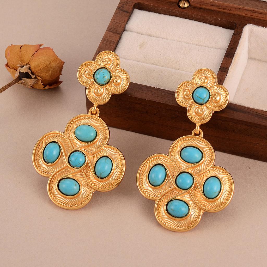 Medieval vintage earrings turquoise exaggerated flower fringed earrings court style thin personality stud earrings