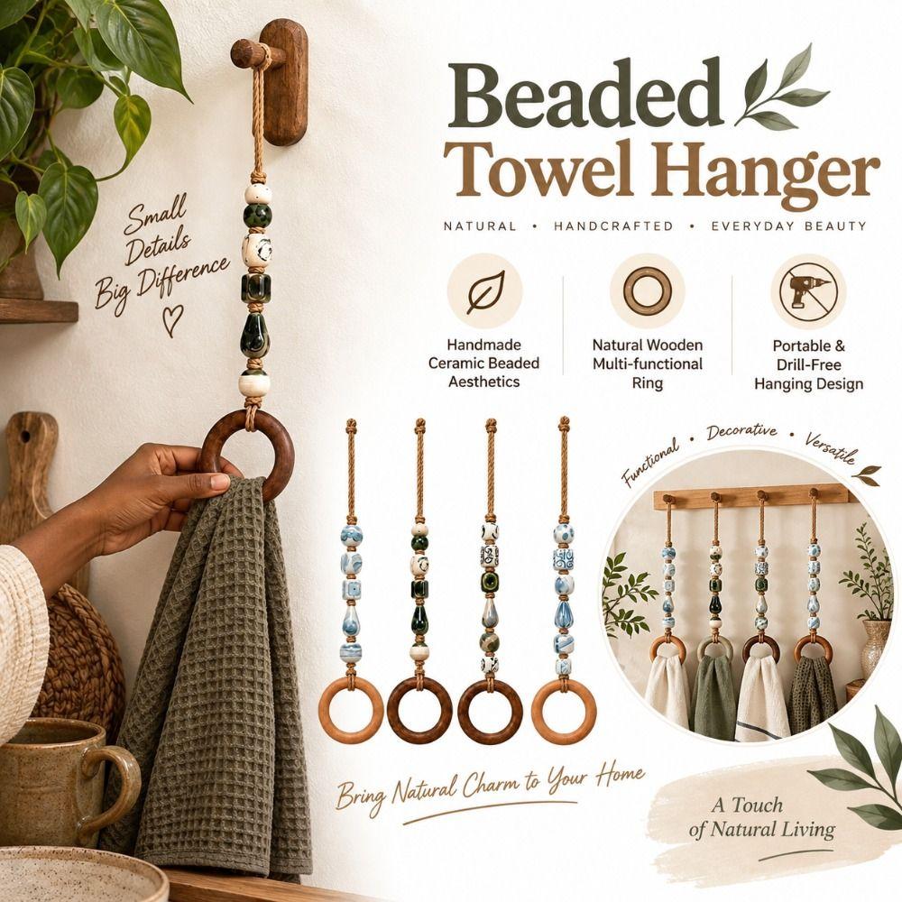 Wooden Ring Beaded Towel Hanger Loop Hanging Strap Towel Hanging Loop Cabinet Door Decor