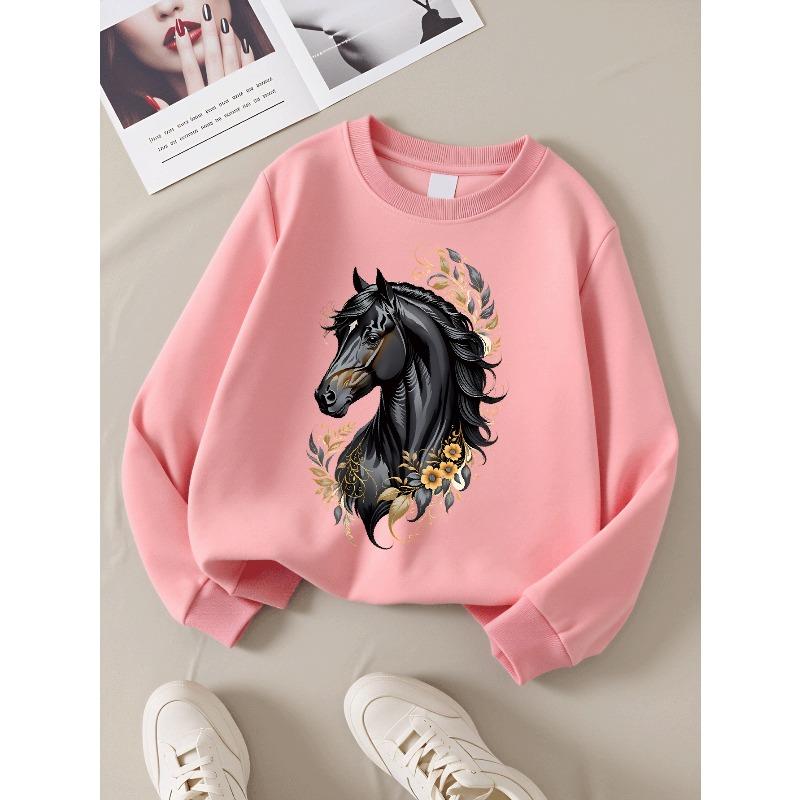 Kids Sweatshirt Crewneck Sweatshirt Black Horse with Golden Floral Pattern Machine Washable, Spring And Autumn, Sportswear And Casual Wear