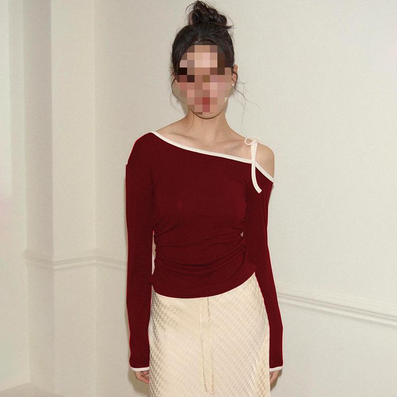 Evropské a americké dámské podzimní a zimní diagonální límec mašle odhalená ramena jednobarevný jednoduchý top