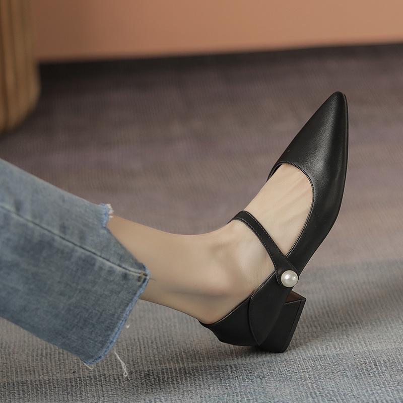 

Кожаные туфли на плоской подошве для женской обуви Huizhou Su Yinyin, такие же одинарные туфли с острым каблуком, новые весенние туфли Mary Jane 34 чёрный