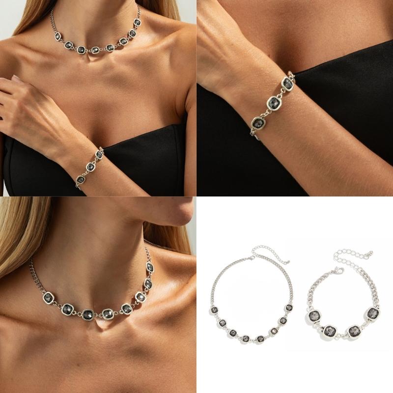Adjustable Black Diamonds Necklace Matching Bracelet Alloy Texture for Comfortable Everyday Wear Versatile Accessory