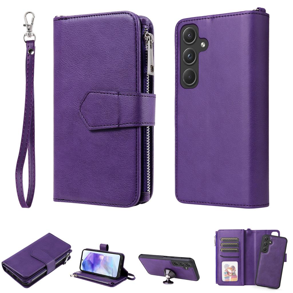 For Samsung Galaxy A55 5G Magnetic Leather Case Mobile Cover with Detachable Zipper Wallet Strap