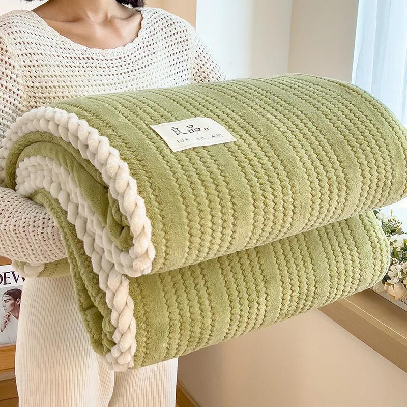 Solid Color Striped Blanket, Home Living Room Sofa Bedroom Decorative Blanket Multifunctional Travel Thicken Warm Throw Blankets