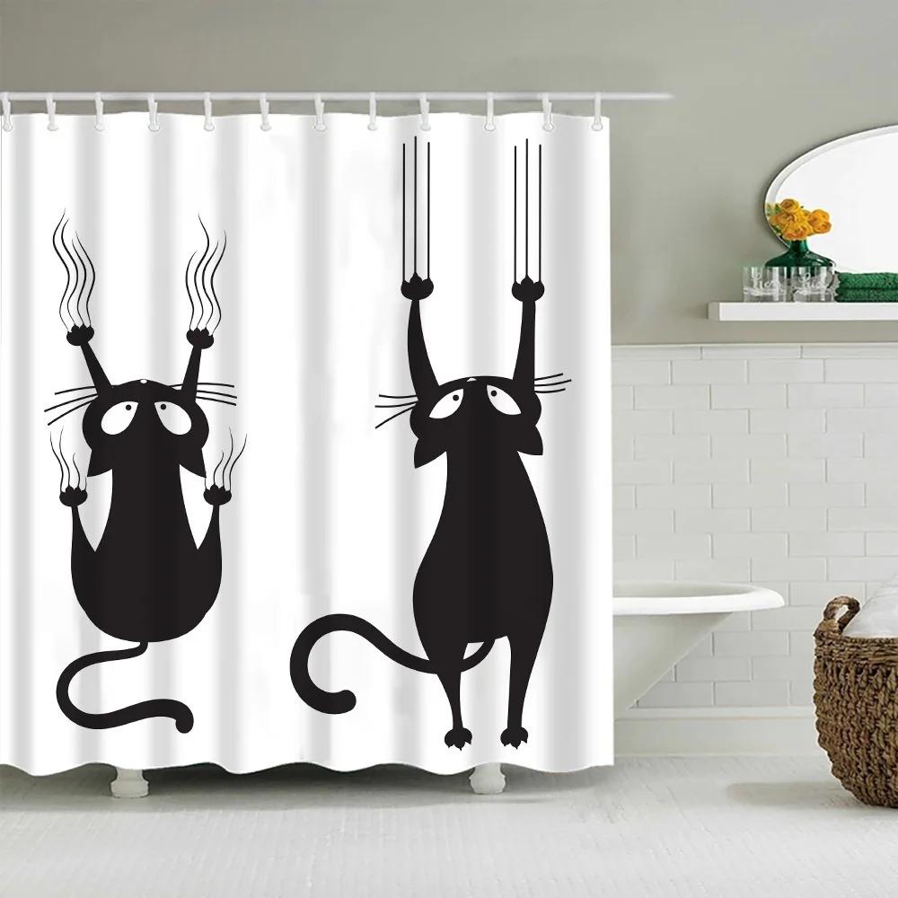 Cute Puppy Cat Cartoon Shower Curtain Waterproof Polyester Fabric With Hooks Washable Bathroom Decor Partition