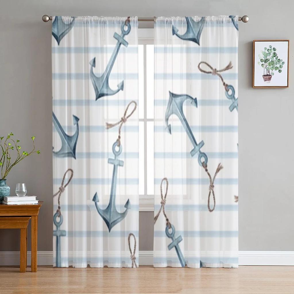 Blått ankare stänkfärg skir gardin för sovrum tyll voile gardin för kök vardagsrum dekor fönsterbehandling