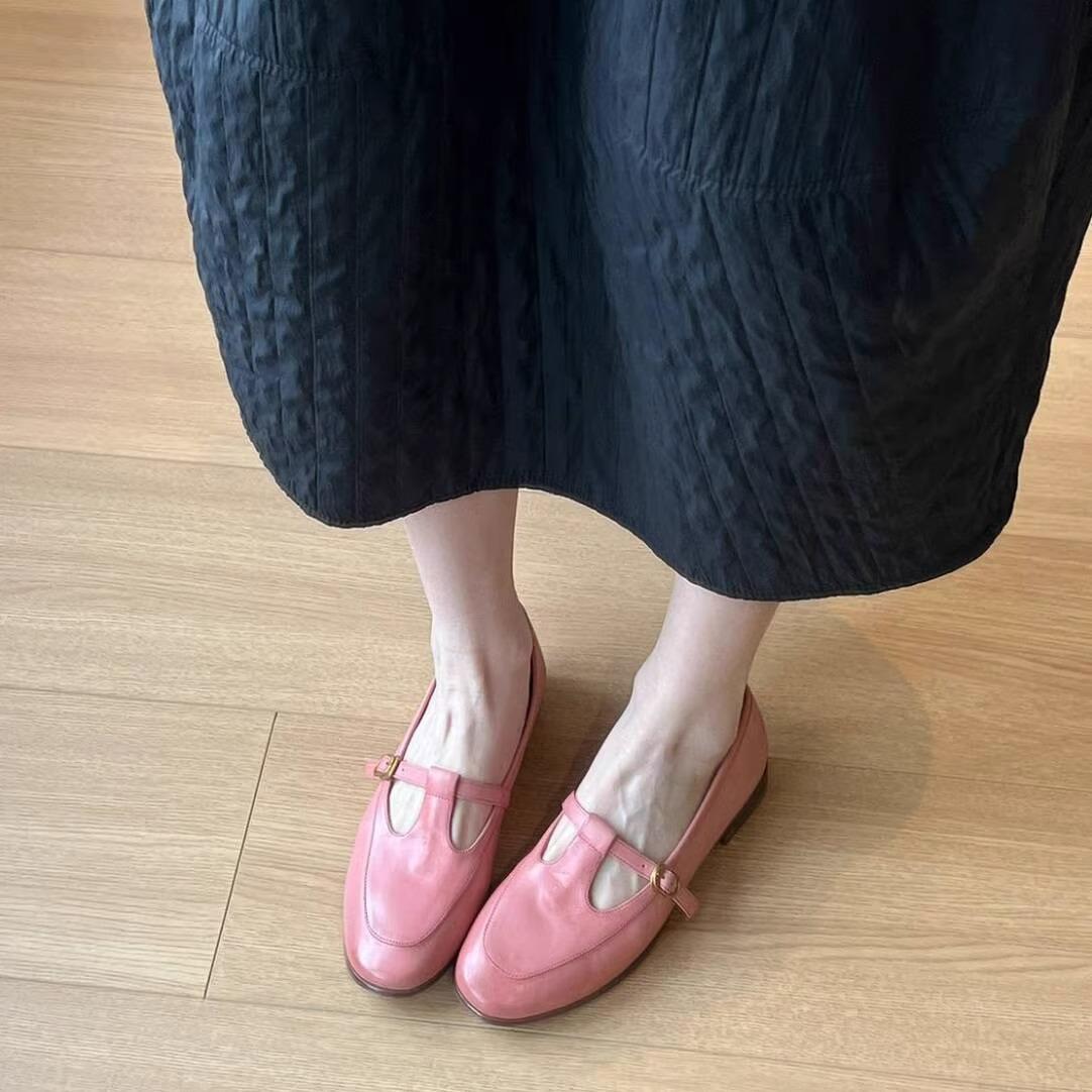 

2025 spring new Mary Jane British style small leather shoes women s T-buckle fashion versatile loafers flat shoes 40 рожевий
