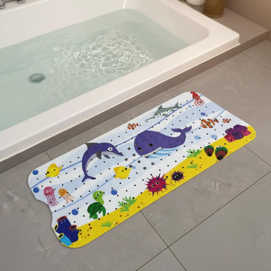 1pc Cartoon Non Slip Bath Mats Ocean Theme Bathtub Mats Dolphin Whale Turtle Shower Mat with Suction Cups & Drain Holes Safe Mat