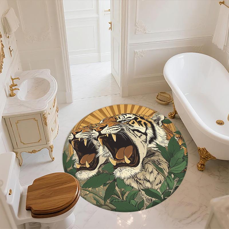 Leaf Tiger,Round Area Rug,Carpet Rug for Living Room Bedroom Sofa Playroom Decor,Non-slip Floor Mat