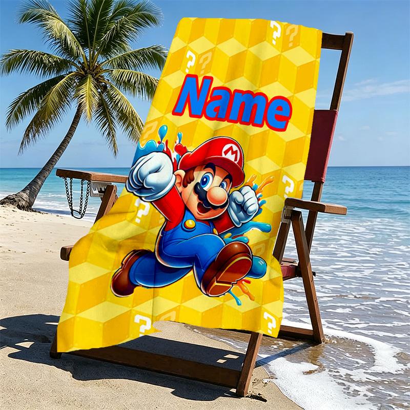 Custom Name Personalized Super Mario Print Beach Towel, for Trip Camping Beach Party Home Decor, Birthday Gift for Family & Friends