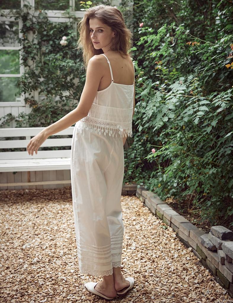 BEAUTELICATE with Lace Size M Pettipants, 100% Cotton, Long, Pockets, Embroidery, Anti-See-Through, Anti-Static, Layering, Loungewear, Sleepwear,