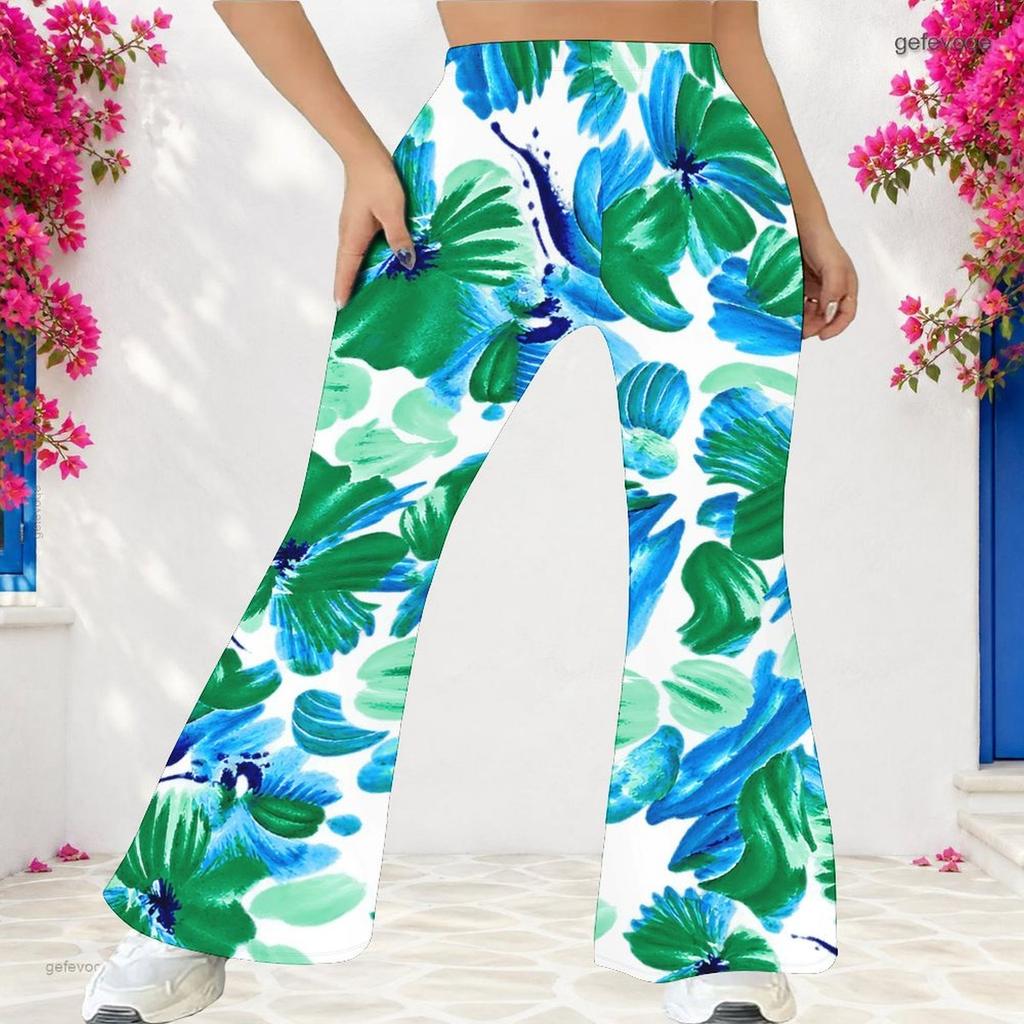 Pantalon évasé long taille haute pour femme grande taille avec imprimé feuilles tropicales