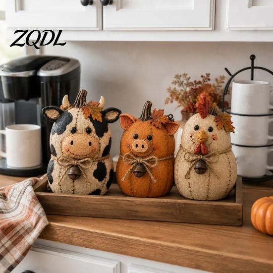 Rustic Pumpkin Statue Friends Farmhouse Felt Animal Ornaments, Cute Cow/Pumpkin/Rooster Figurines, Decorative Handmade Animals Thanksgiving Home Decor