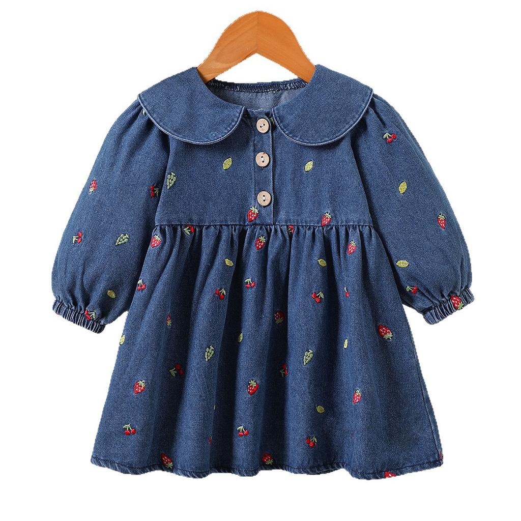 Girls Strawberry Embroidered Denim Dress Peter Pan Collar Princess Casual Spring Autumn Jean Dress For Kids