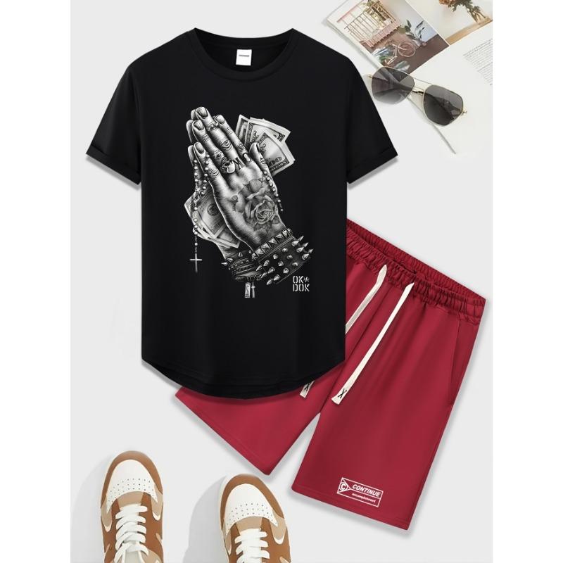 Two Piece Men's Casual Crew Neck Short Sleeve and Belted Waist Shorts Summer Set