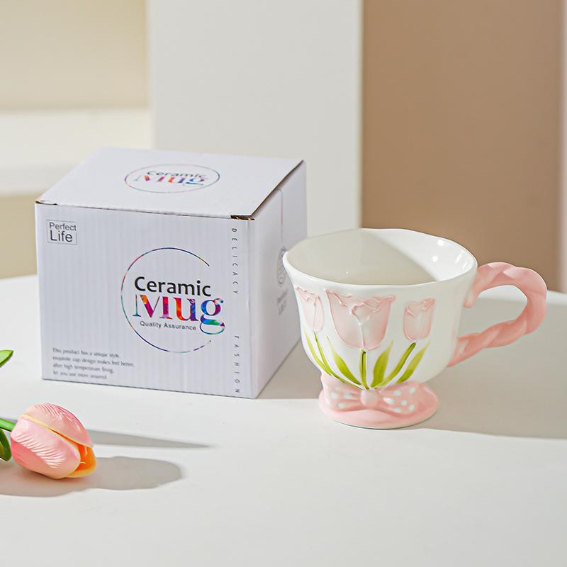 Tulip Ceramic Cup Hand Painted Relief High Looking Coffee Cup Mug Girl Heart Home Water Cup Souvenir