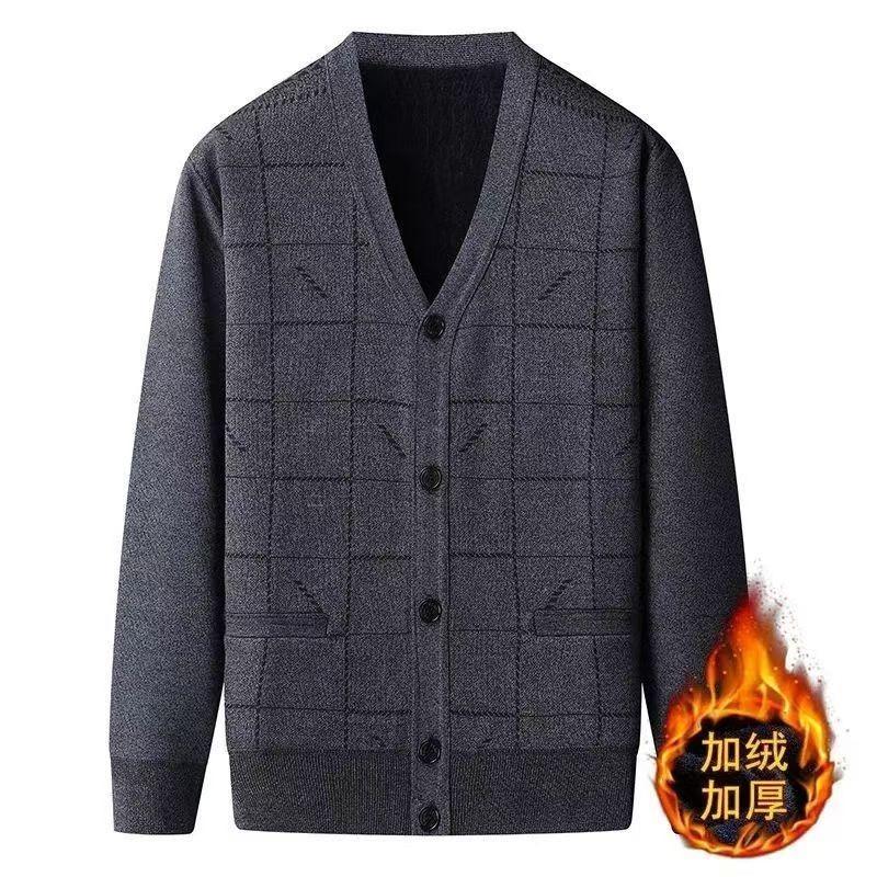 Warm Jacket Tops Autumn Winter Middle-aged Elderly Men's Sweater Cardigan Velvet Thickened Knitted