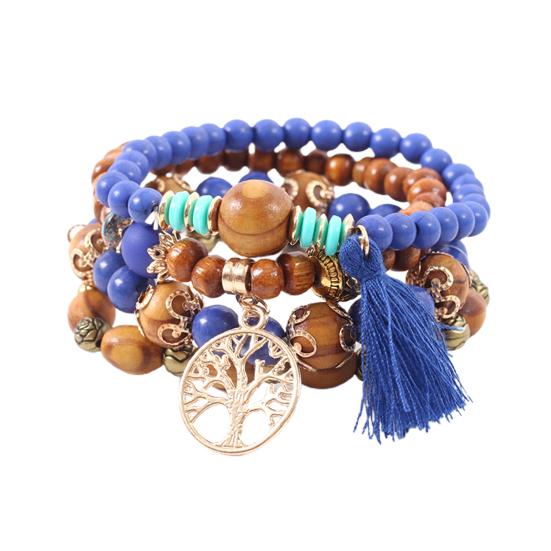 4Pcs Unisex Fashion Wooden Beads Tassel Strand Bangle Bracelet Jewelry Gift