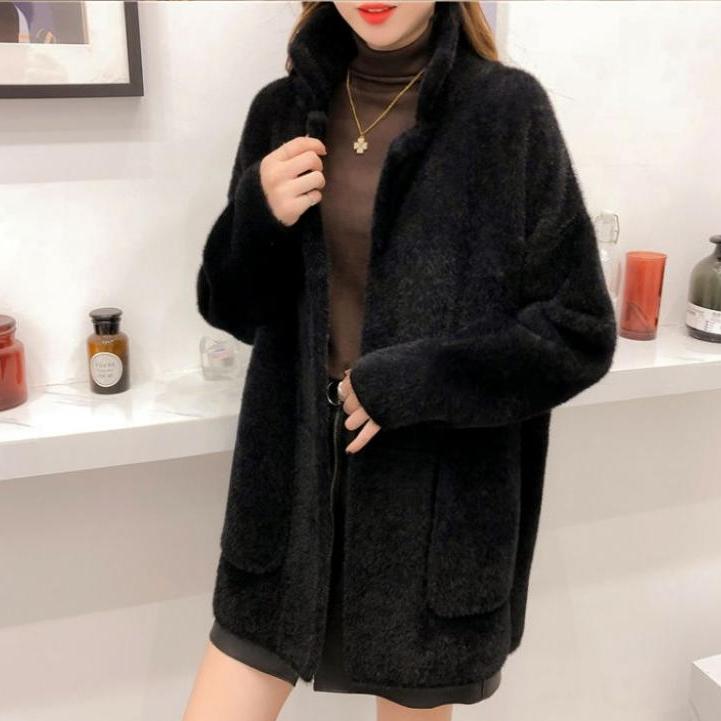 

Женская куртка из искусственного меха норки средней длины на осень-зиму, свободный плюшевый вязаный кардиган, утолщенное вязаное пальто XL чёрный