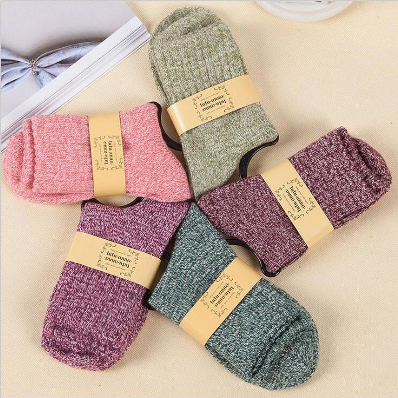 Autumn Winter Wool Socks Thickened Warm Solid Color Socks Double Threaded Mid Calf Cotton Socks Outdoor Women's Rabbit Casual Versatile Socks