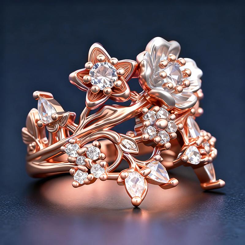 Huitan Aesthetic Two Tone Flowers Rings for Women Wedding Party Romantic Floral Design Female Ring Gift Creative Trendy