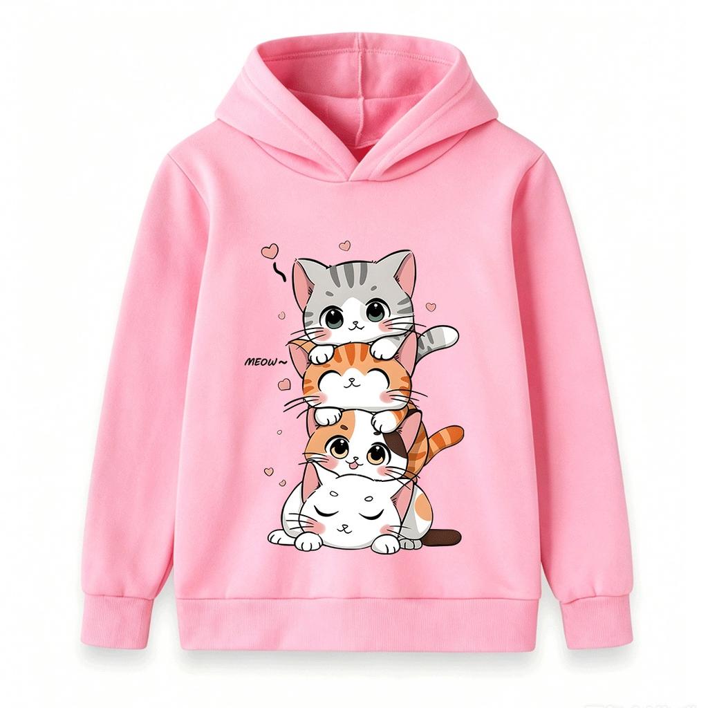 Kids Boys Girls Hoodie Cute Stacked Kitten Pattern Pullover Sweatshirt Casual Soft Long Sleeve Top for Children Daily Wear School Outdoor Activities