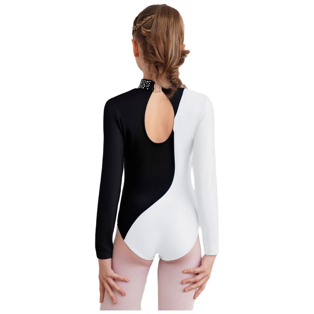 Girls Metallic Gymnastics Bodysuit Long Sleeve Rhinestone Color Block Leotard Competition Dancewear