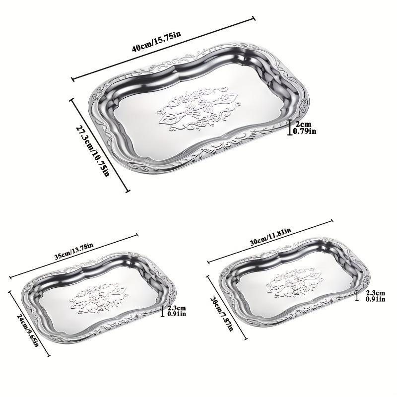 

3pcs Elegant Stainless Steel Serving Tray Set Retro Dessert Breakfast Trays Decor Plate with Floral for Serving Drinks and Snack