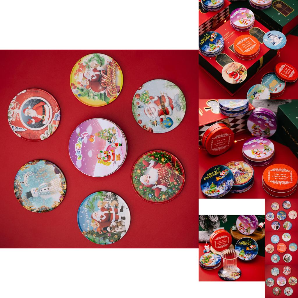 Lustige und farbenfrohe Untersetzer aus runden Blechdosen mit Cartoon-Druck, ideal für Weihnachtsdekorationen und Geschenke für Kinder