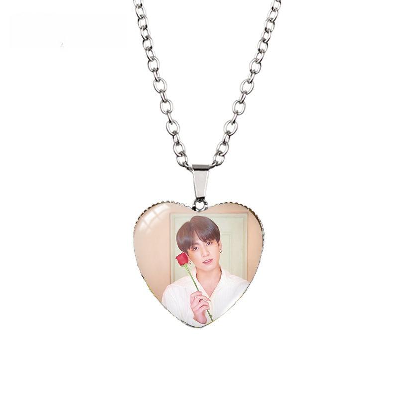 BTS Heart Pendant Necklace, Bangtan Boys Group Photo Pink Flower Field Photo Necklace, Kpop ARMY Fans Jewelry Gift