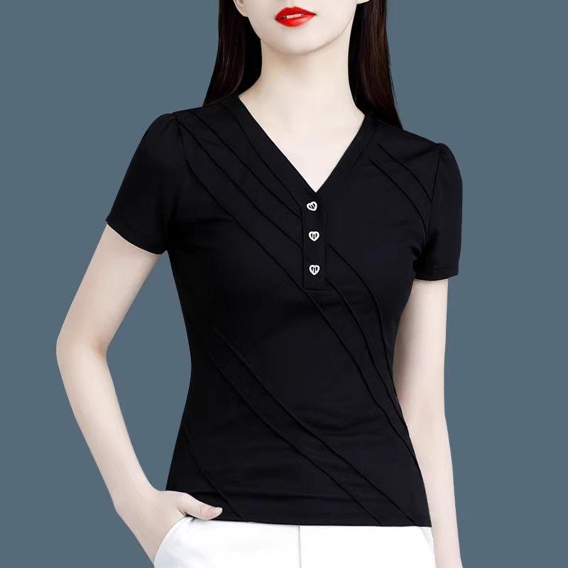 

V Neck Summer 2023 Slim Fit Slim Looking Easiest for Match Short Sleeve Black three button short sleeve L