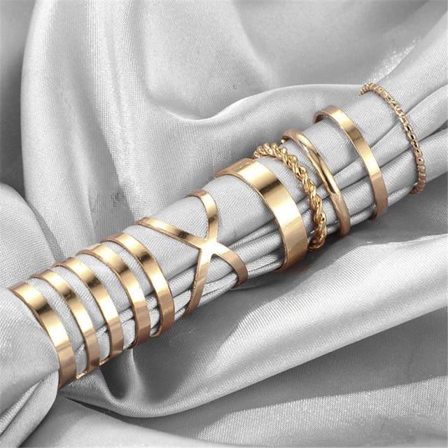 Hip Hop Rock Gold Color Chain Rings Set Girls Punk Geometric Sleek Minimalist Finger Rings Women Trend Jewelry Accessories Celebration Party Event