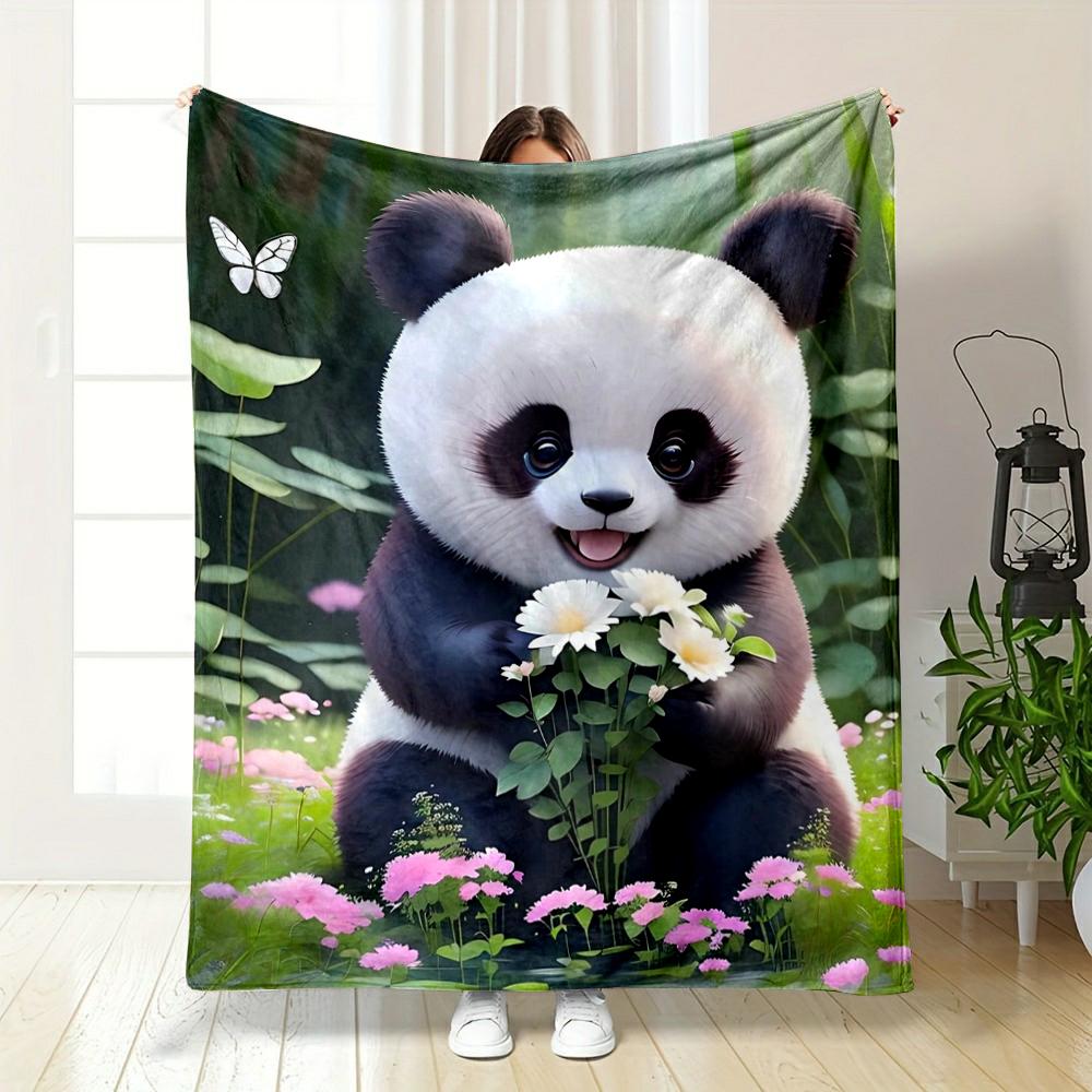 Cute Panda Holding Flowers In Meadow - Flannel Blanket for Bedroom, Living Room, Sofa, and Nap Sofas.
