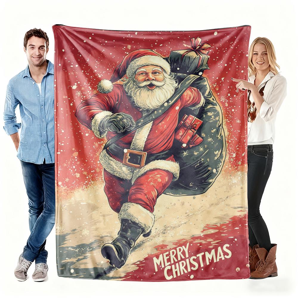 Vintage Santa Claus with Gift Sack Merry Christmas Blanket Retro Snow Soft Cozy Throw Blanket for Couch Bed Perfect Holiday Gift