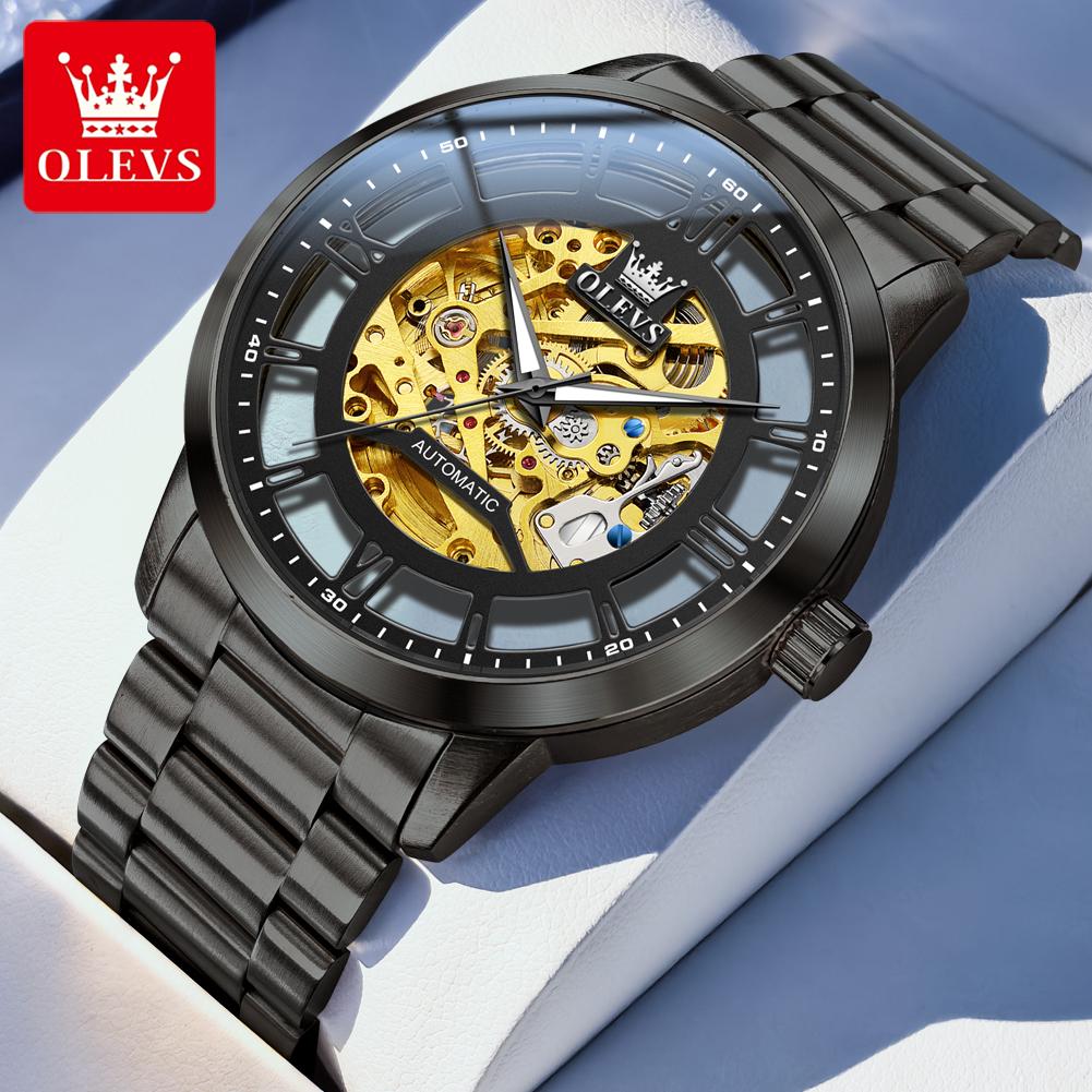 OLEVS 6728 Luxury Wristwatches For Man Luminous Skeleton Stainless Steel Strap Men's Sport Automatic Mechanical Men's Watches