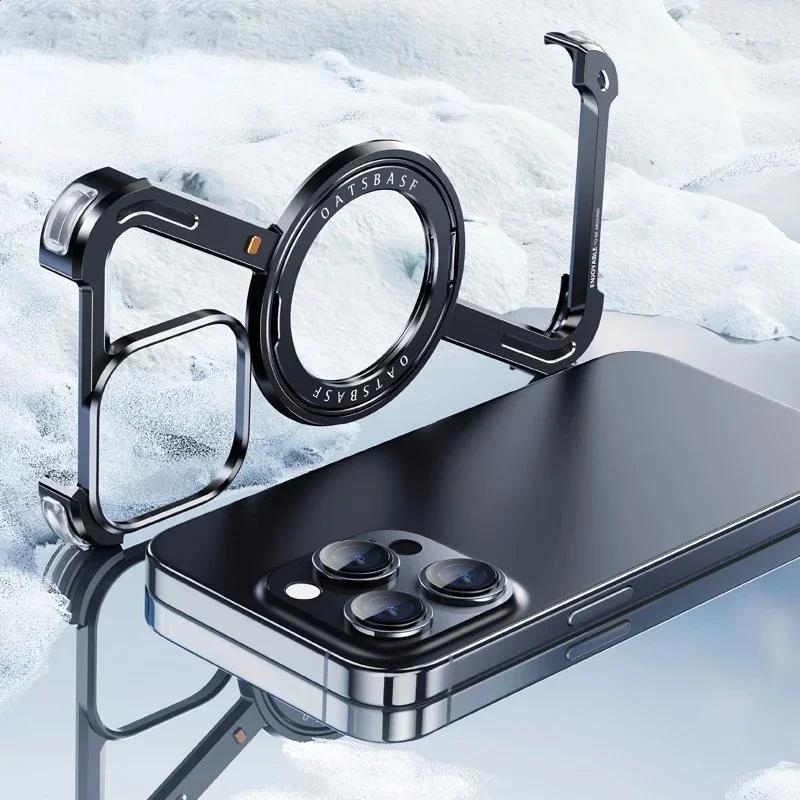 Z Shape Titanium Metal Magnetic Case for IPhone 15 14 13 Pro Max Rimless Aluminum Alloy Bumper 360° Rotation Holder Cover