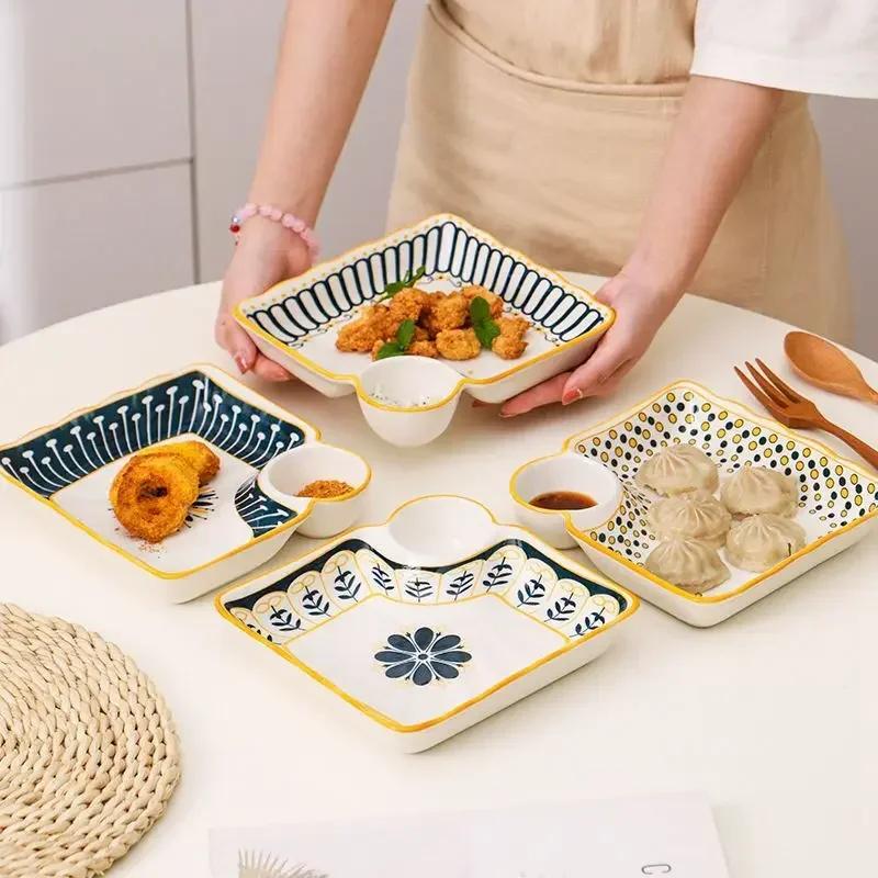Dumpling Plate with Vinegar Dish Household Ceramic Plate Breakfast Compartment Plate High-Grade Dumpling