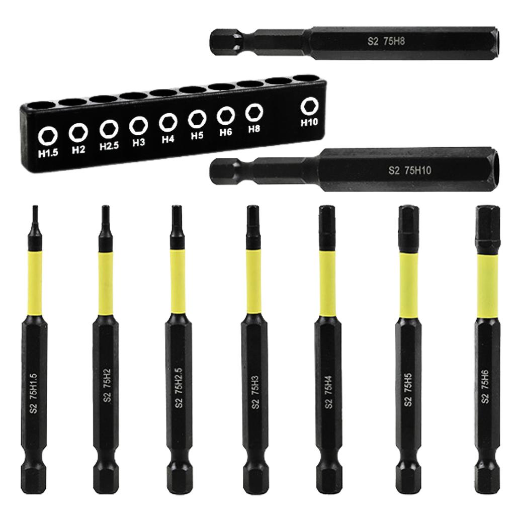 9Pieces Magnetic Tip Long Hex Head Allen Wrenches Drill Bit Set H 1.5 to H10 Impact Screwdriver Bit with 1/4Inch Shank