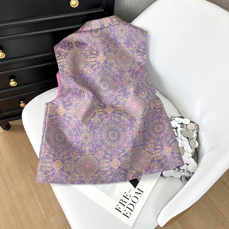 2025 Early Spring Women's Vest Temperament Jacquard Disc Buckle Stand-up Collar Improved Vest Vest