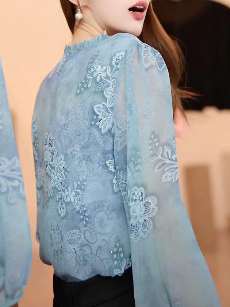 2026 Spring/Summer Women's Long Sleeve Lace Chiffon Shirt - Elegant and Slimming Design