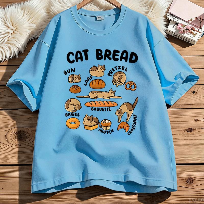 Funny Cat Bread Art Print Womens Crew Neck Short Sleeve T Shirt Cute Kitten Bakery Food Cartoon Casual Graphic Tees For Ladies