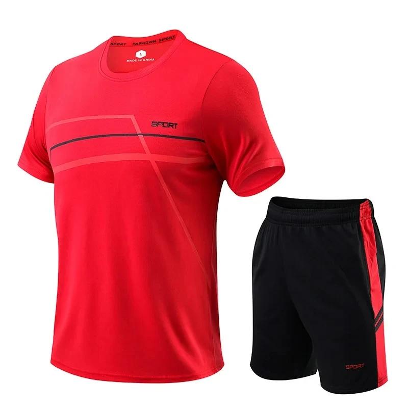 Mens Short Sleeve Sports Tee Gym Fitness Jogging Track Football Shirts Fashion Round Quick Dry Keep Cool Sets
